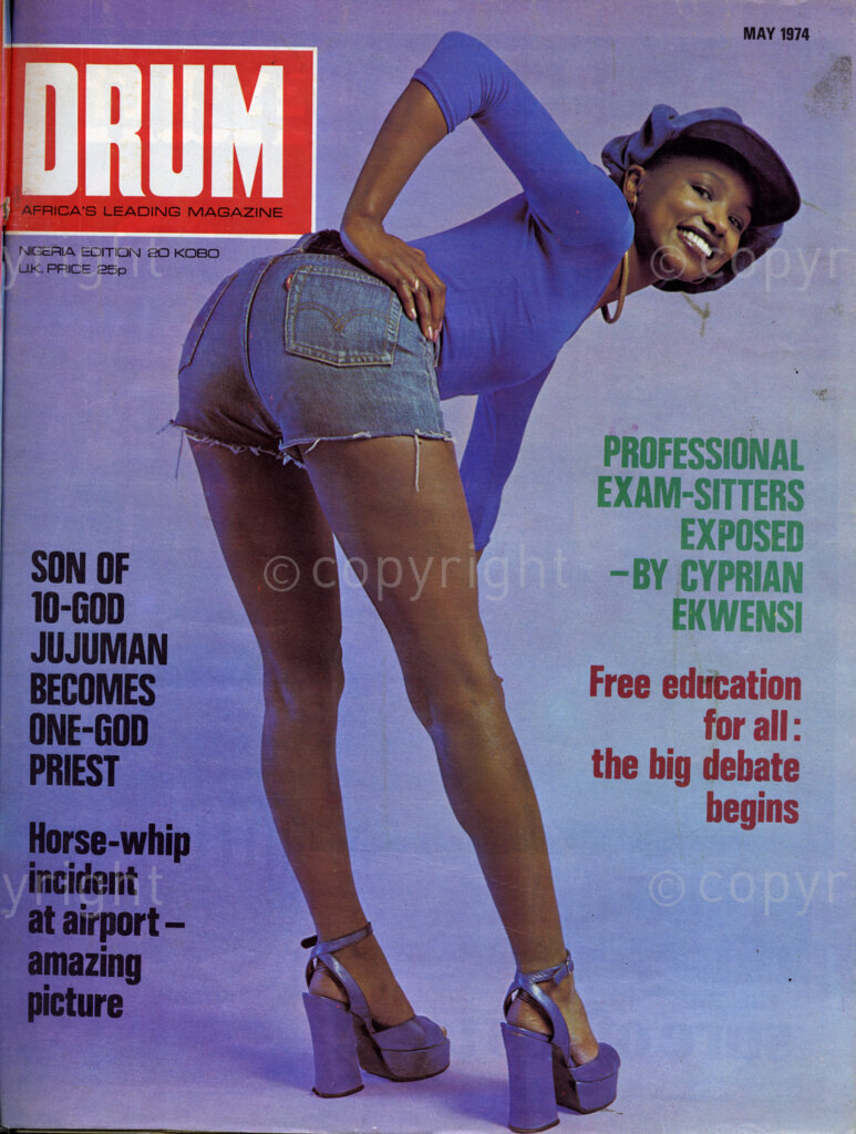 Professional Exam-sitters Exposed – by Cyprian Ekwensi; Free Education for All ; Verso: Cover girl, the shapely beauty in the sauce hat is Nigerian model Pat, who went to the best schools before taking up a career as a model.