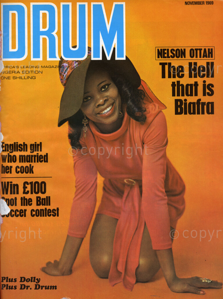 Nelson Ottah: the Hell that is Biafra; English Girl Who Married Her Cook ; Verso: Cover girl Esther Ahams Baroube, 22-year-old.  Esther was born at Ovu Inland, Midwest Nigeria, and was educated at Sapele Secondary Modern School.  As a tallest girl in her class, she excelled at sports, especially athletics and netball. She showed talent for singing and dancing, too, and appeared in the Festival of Arts in Ibadan in 1960 while still at school.  Esther was determined to make her career in dancing and acting, and she came to Britain in 1963 to further her studies. Now she has appeared in a number of films.