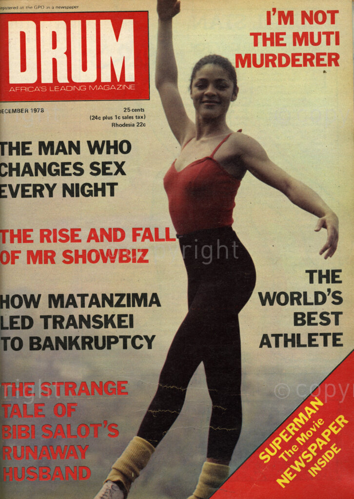 The man who changes sex every night; The rise and fall of Mr Showbiz; how Matanzima led Transkei to bankruptcy; Verso: Dancing cover lady with lovely eyes and legs is known to all her friends as Cher. Her full name is actually Shirley-Ann Violet Tolashe Adeyinka, reflecting her Nigerian and Irish background. Cher Adeyinka began dancing as three-year-old toddler in Lagos and has been dancing ever since.
