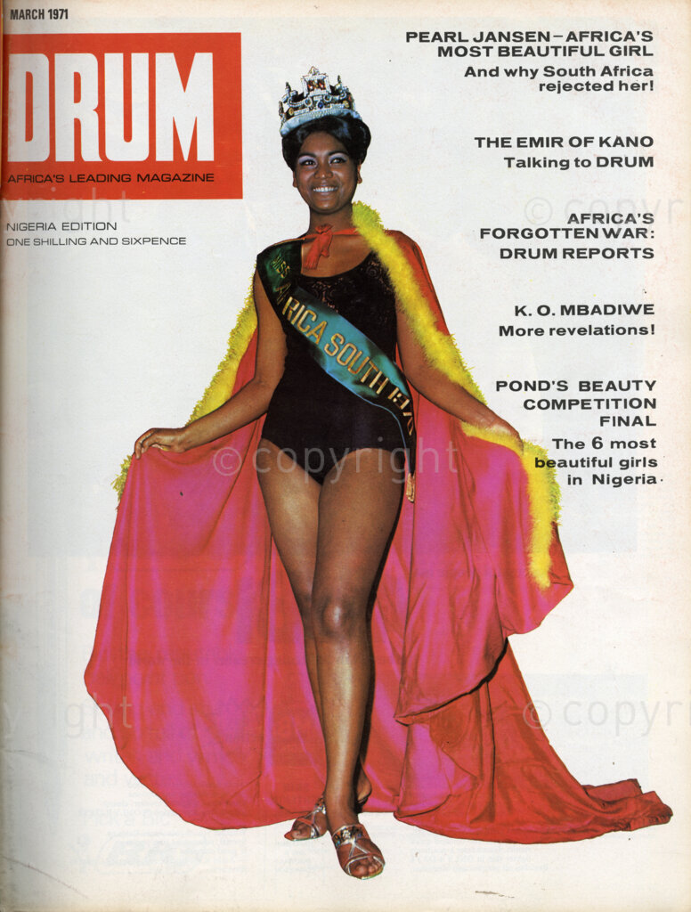 Pearl Jansen – Africa's Most Beautiful Girl: And why South Africa rejected her! Verso: 20-year-old Pearl Jansen from Cape Town South Africa has proved to the world that it  is possible to beat South Africa at its own racial game. Pearl has shown that the God-given gifts of beauty and personality are things that can't be held back by her country's vicious segregation laws. Pearl came second in Miss world competition in London, giving a stinging slap in the face to South Africa's racist rulers who rejected Pearl as a possible entry by virtue of her colour.