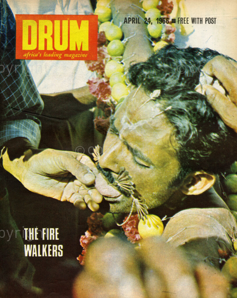 The Fire Walkers; Verso: The Fire Walker – 'I will walk the fire for life' – that was the vow Govindsamy Moodley took 14 years ago after he was cured of what he claims was a medically incurable disease.