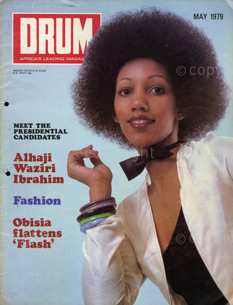 Meet The Presidential Candidates: Alhaji, Waziri, Ibrahim; Verso: Cover lady Tracy with bow tie. Have you – asks this month's lovely cover-lady, Tracy by name – been properly served? Come to think of it, what could be nicer than being served by Tracy? Nothing much, you will surely agree.