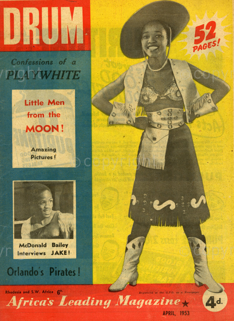 Confessions of a Playwhite; Little men from the Moon; Verso: Cover girl Gladys Shandu, of Western Native Township, Johannesburg. She doesn’t only pack pistols and western dress, but packs plenty of oomph too.