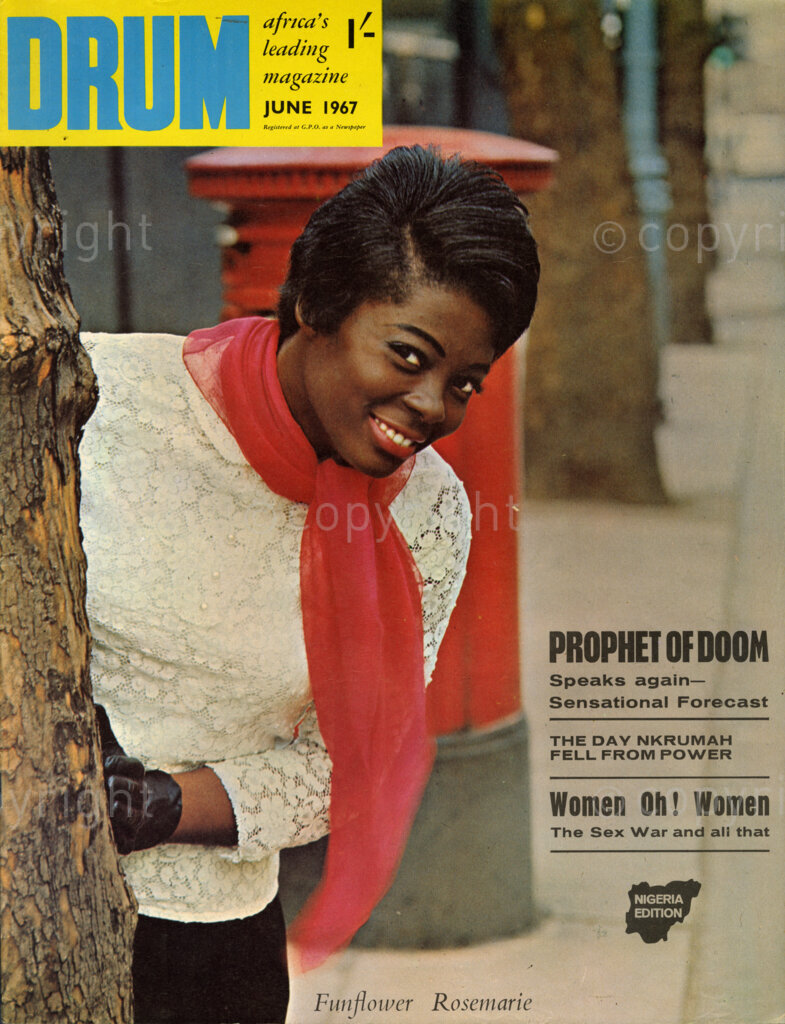 Prophet of Doom speaks again – Sensational Forecast; Verso: Cover girl Funflower Rosemarie Thompson, is a tropical bundle who thrives in a cold climate. Fresh sun soaked Jamaica when she was only thirteen, she has taken a chunk out of London life and has made it her very own. She is a  21-year-old.