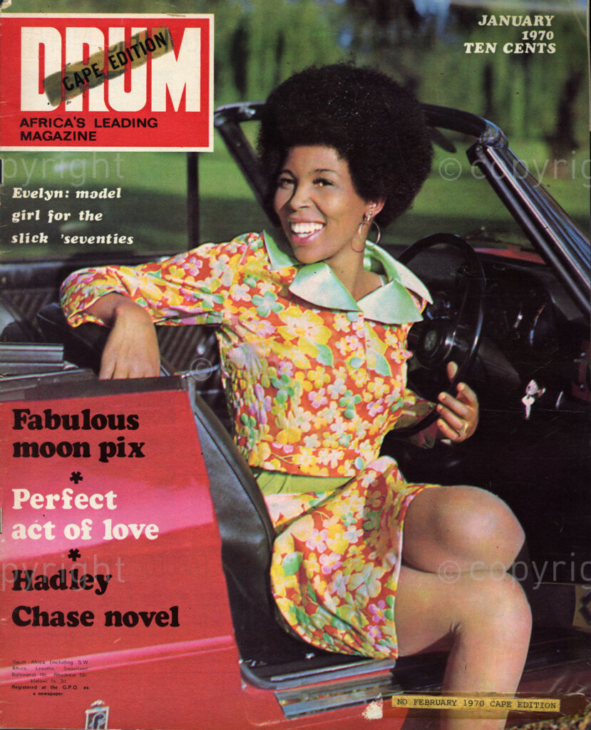 Fabolous moon pix; Perfect act of love; Hadley Chase novel; Verso: Cover girl – Evelyn: Seventies pacesetter – Evelyn Kente, Soweto, Drum's first cover girl for the slick 1970's.