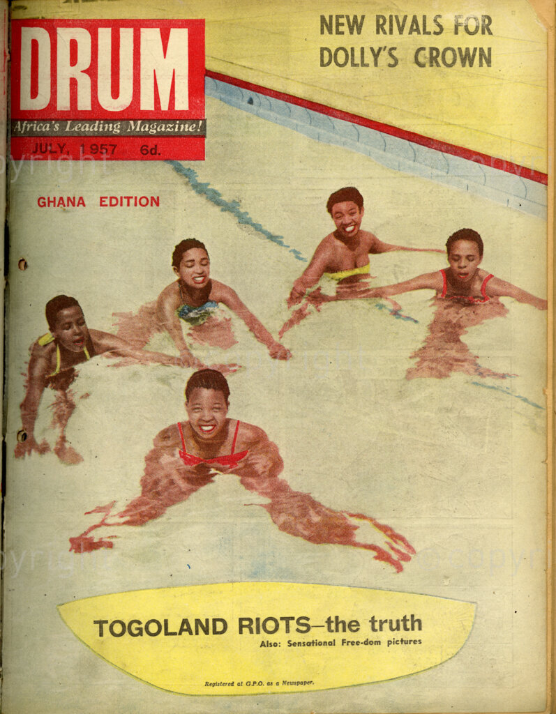 New Rivals For Dolly's Crown; Togoland Riots – the truth; Verso: At the Huddleston swimming bath Johannesburg. Dolly and friends made fancy formations for DRUM'S cover. Dolly's third! Pictures of the friendly but close rivals are on opposite page.