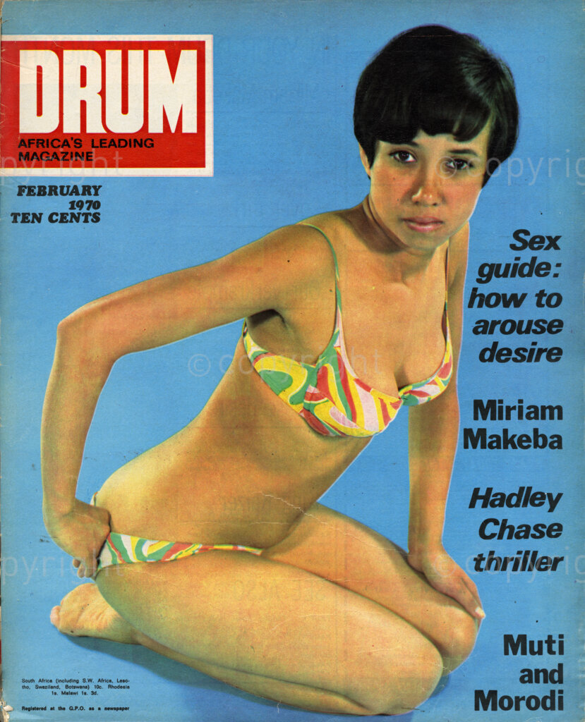 Sex guide: how to arouse desire; Miriam Makeba; Hadley Chase thriller; Muti and Morodi; Verso: Cover girl – Sweet and shy-19 year old Jean, Drum's February girl. She's married, so hard luck, chums.