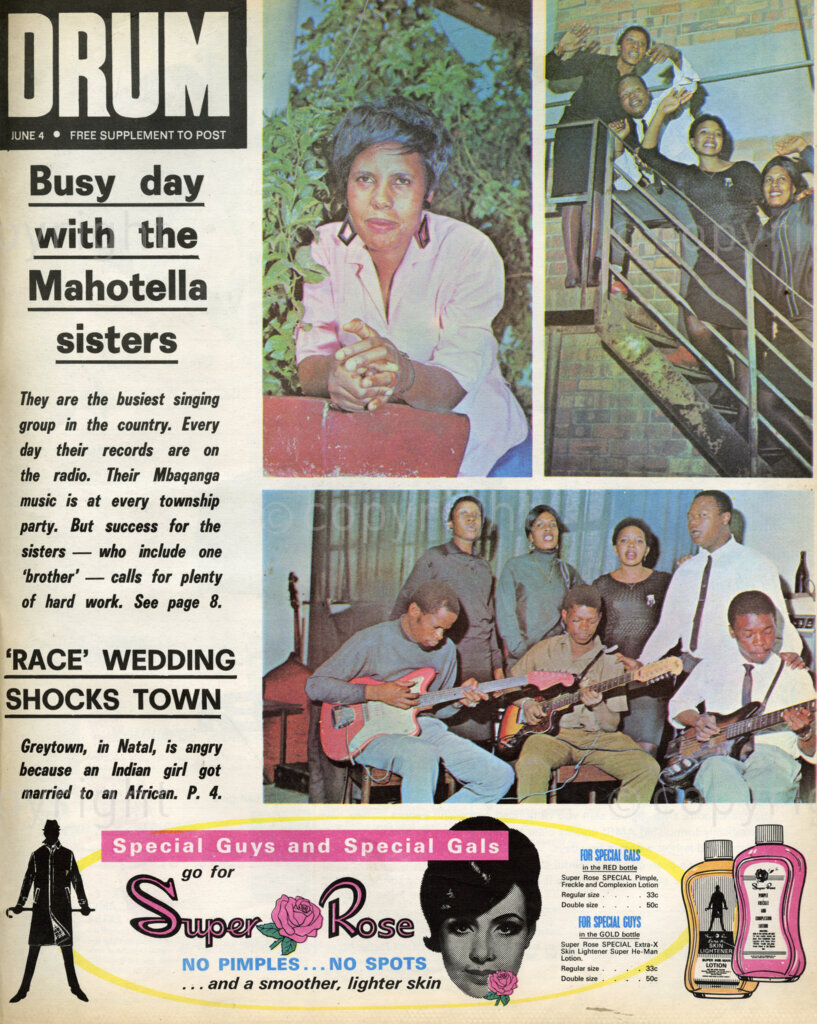 Busy day with the Mahotella sisters; Verso: Face behind the voice – The voice of 23 year old Juliet Mazamisa, heard on the radio practically every day. She is one of the popular Mahotella Sisters and Drum spent a day with her to find out the secret of the sisters' success.