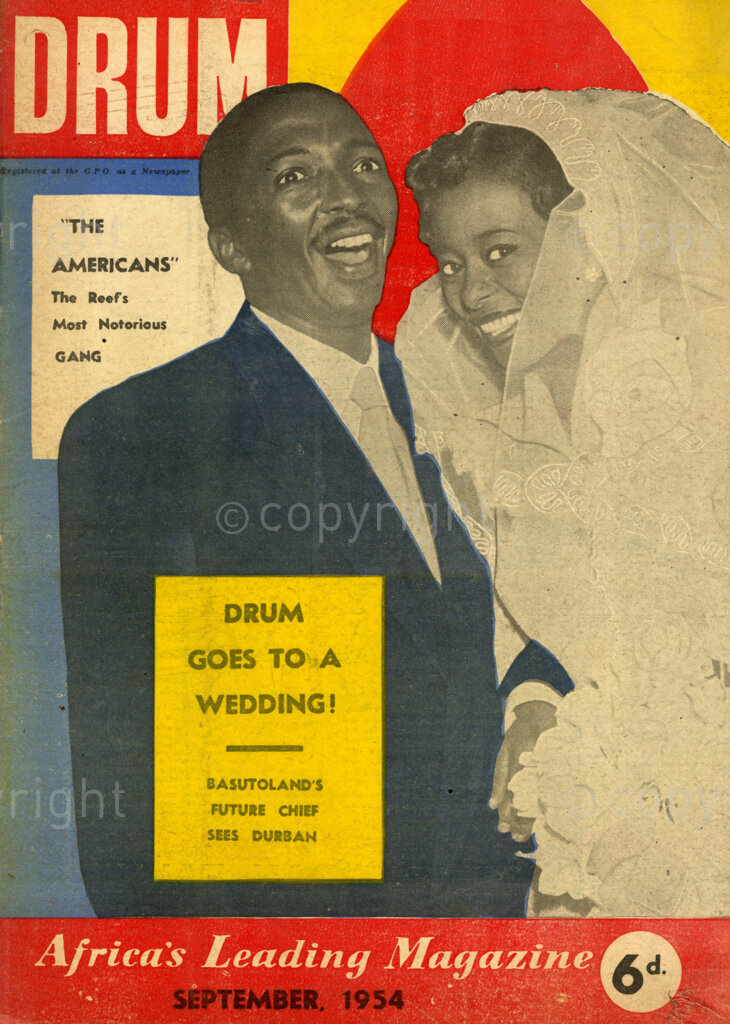 The Americans: the Reef's most notorious gang; DRUM goes to a wedding! Basutoland's future Chief sees Durban; Verso: Davis Kau and Irene Kgosana. David Kau was marrying Irene Kgosana.