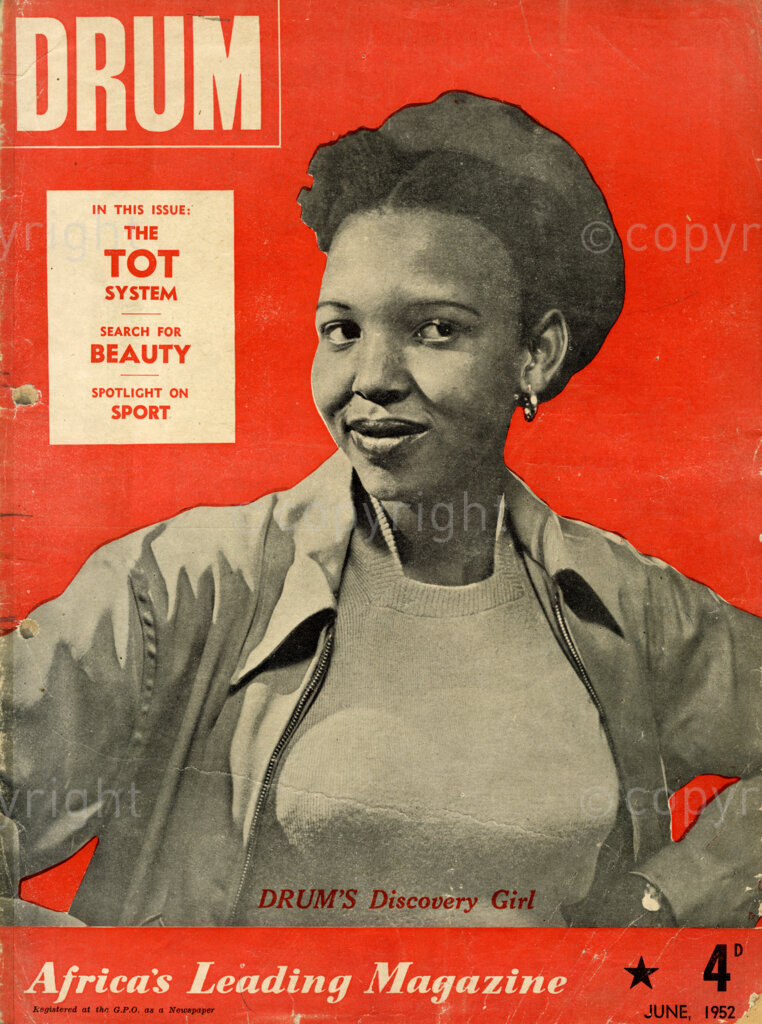 The Tot System; Search for Beauty; Verso: Drum's Discovery Girl – Virginia Ngwenya, Drum cover girl lives in Johannesburg. Her interests vary from dressmaking to modelling as a mannequin.