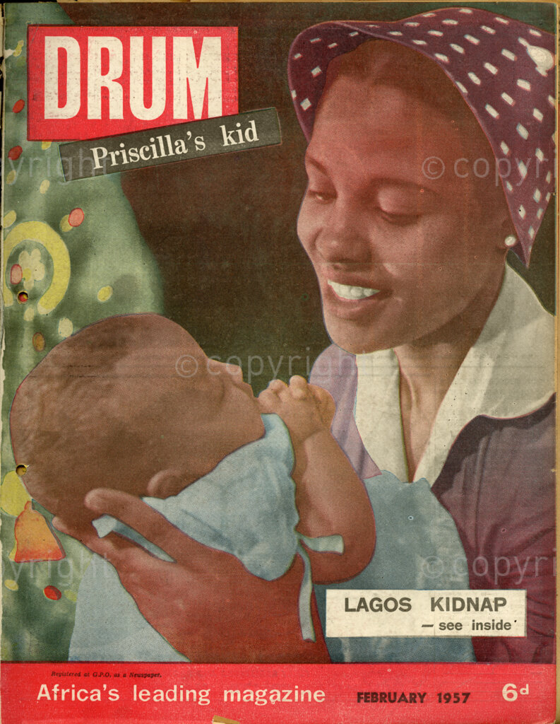 Priscilla's kid; Lagos Kidnap; Verso: Mrs. Priscilla Zibi, once Drum's pin up, now mother to first cover baby. One of the worlds prettiest mothers, Mrs Priscilla Zibi, with daughter Desiree who sends a Xmas message to readers.