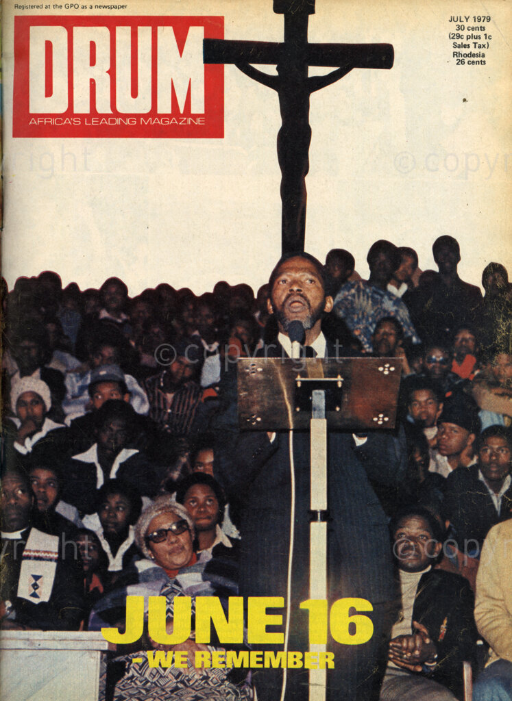 June 16 – We Remember; Verso: Regina Mundi Church with a capacity to seat 5000 people, was too small when Soweto citizens turned out to commemorate victims of the June 16, 1976, disaster and its aftermath. About 7000 people crammed the church, spilling into the grounds outside, long before the service began while a contingent of police watched from the South West side of the church.