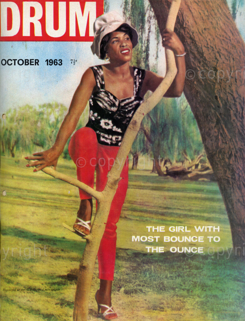 The girl with most bounce to the ounce; Verso: Cover Girl June Buthelezi is a shapely, petite girl who weighs just about 115 lb. June is bursting with vim and there is never a dull or idle moment in her life. Today she is a top model and actress who buzzes about in a snazzy little yellow car on her own. June has been a waitress, factory worker, cake decorator, maid and a chauffeur.