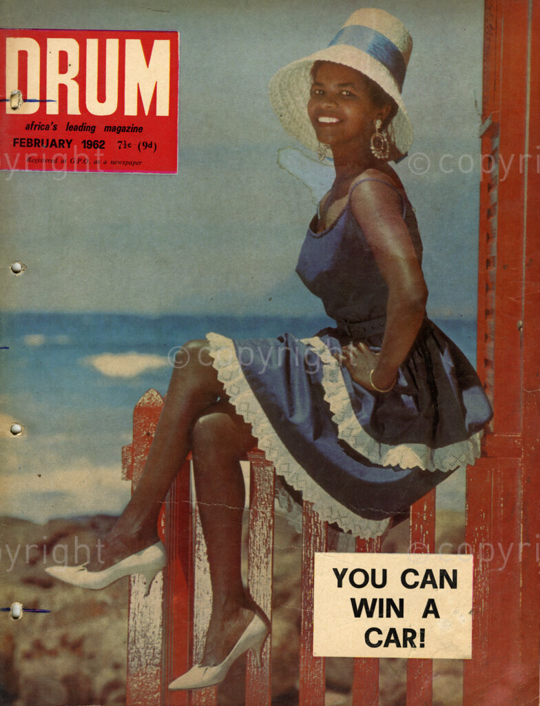 You can win a car! Verso: Cover Girl Irene Batchelor, Cape girl, sexy dancer, first rate blues singer and hopes to go overseas one day. She was Miss Cape Town and runner up to lovely King Kong girl.