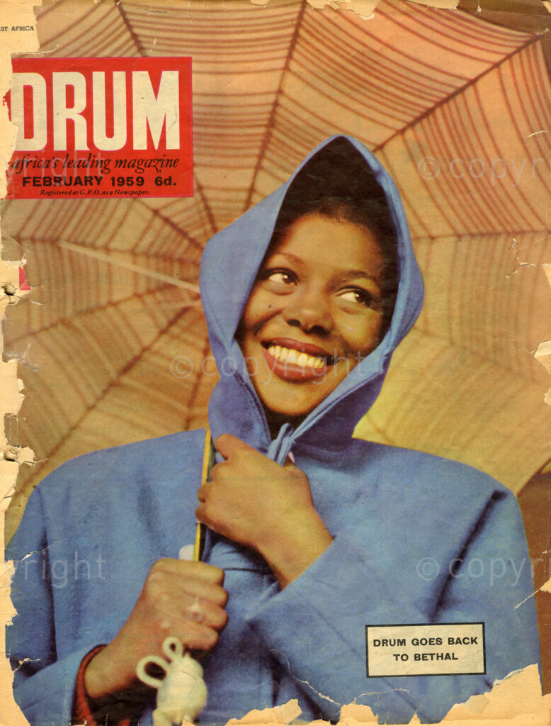 DRUM Goes Back to Bethal; Verso: Cover girl Ruth Nkonyeni, a real peach, the gal with the goo-goo eyes. You will be able to get an eyeful of her when the curtain goes up on the all African show, 