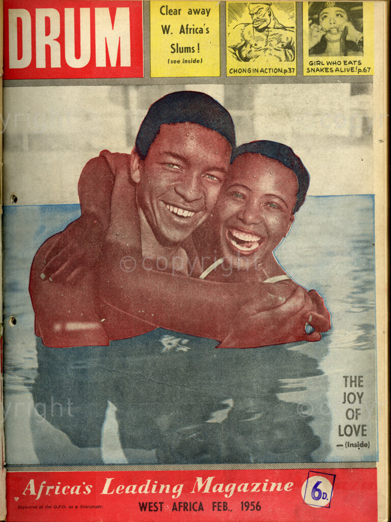 Clear away W. Africa's Slums! Verso: The Joy of Love – Nora Mosiakoko and Isaac Parker at the Huddleston swimming bath. Their story here breathes the spirit of spring and… Love! It is a story of youth all over the world: East, West, North and South…