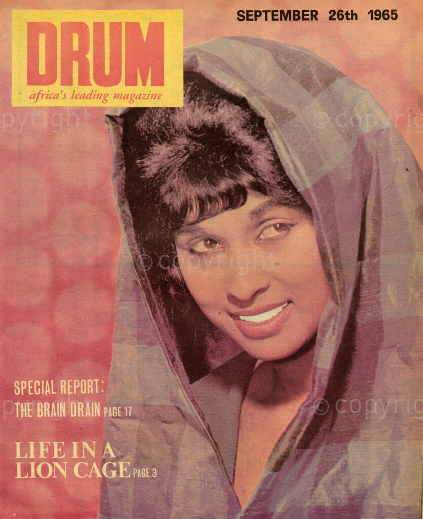 Special report: the Brain Drain; Life in a Lion Cage; Verso: Cover girl Divine Petersen is the girl providing the patterned pulchritude. Unveiling her slightly she comes originally from Malmesbury, in the Cape. She has been nursing in Cape Town for the past five years, loves music and may often be tracked down behind pianos (she plays both classical and Jazz)