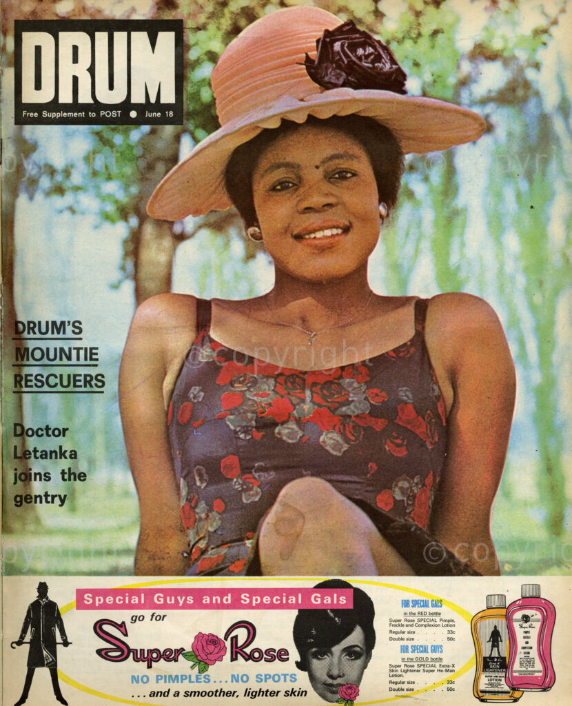 Drum's Mountie Rescuers; Verso: Cover girl – Beside being a star singer and actress, Abigail Kubeka also makes a beautiful cover girl. Alf Kumalo caught her among the autumn trees in Soweto's Mofolo park.