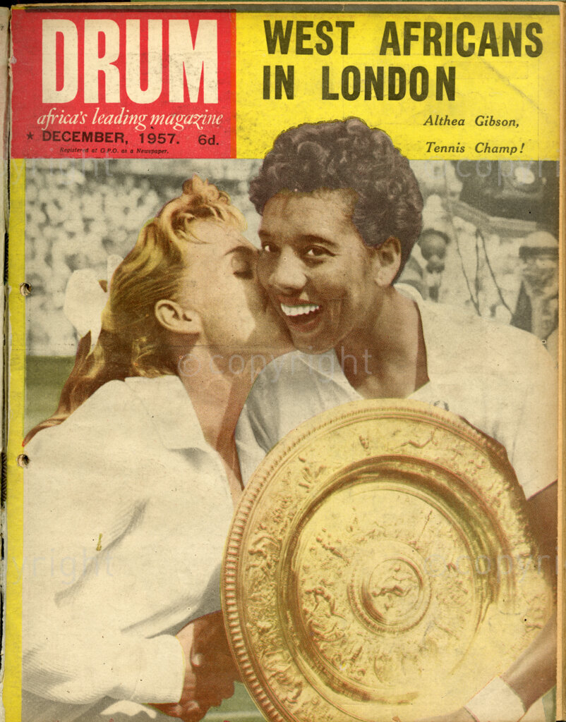 West Africans in London: Althea Gibson, Tennis Champ! Verso: Cover girl Althea Gibson, the coloured wonder of the tennis court , who beat the world's best players in England this year.