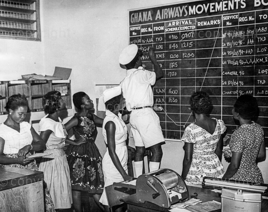 Air Girls of Ghana – New recruits as air-hostesses watch traffic control at Accra, before leaving for London for further training. No girl is more a part of the modern age than the air hostess. It is a glamorous profession which comes out top in polls among teenage girls. But flying is not all high-jinks in the skies. An air girl has to cope with all kinds of difficulties – terrified passengers, crying babies, the air sick and the grumblers. She has to keep cool in all crises.