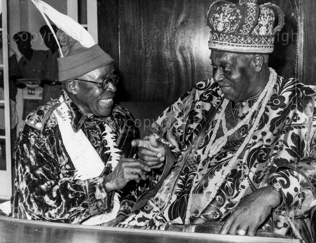 Chief Nyong Essien, President of the Eastern Region House of Chiefs, with Obi of Onitsha. Chief with his usual charming smile, poses for a photograph with Obi Okosi II, the King of Onitsha.
