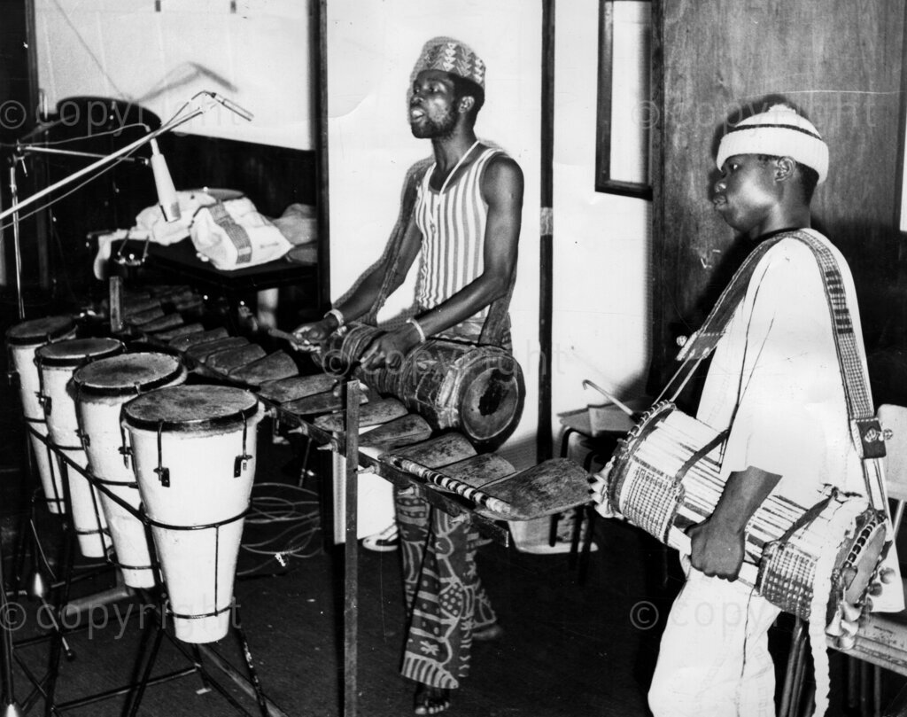 Music From Stones. Onibonokuta's challenge to European xylophone is his own metal xylophone, made of native 