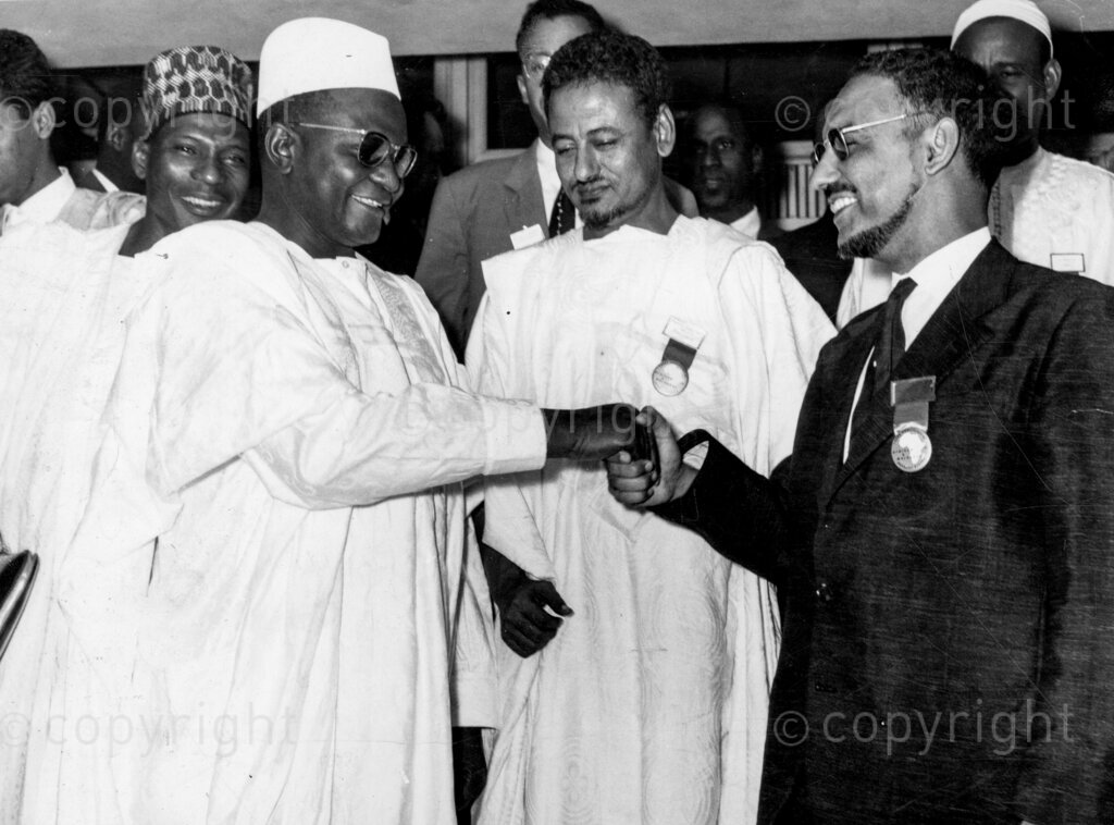 Pan-Islamism versus Pan-Africanism. Hamani Diori (left) is President of the Niger Republic, a state which has a traditional link with ancestors of Sir Ahmadu Bello. Will the Niger Republic's future lie in a tie-up with Nigeria?