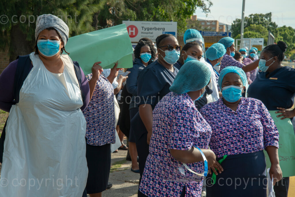 Hospital workers demonstrate outside Tygerberg Hospital, in Cape Town, to bring their plight to the attention of President Cyril Ramaphosa, as he visited the Cape Town Province. PHOTO: EVA-LOTTA JANSSON