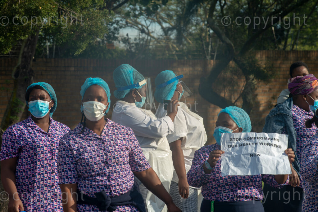 Hospital workers demonstrate outside Tygerberg Hospital, in Cape Town, to bring their plight to the attention of President Cyril Ramaphosa, as he visited the Cape Town Province. PHOTO: EVA-LOTTA JANSSON