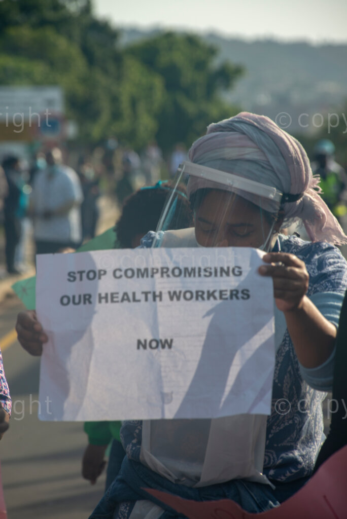 Hospital workers demonstrate outside Tygerberg Hospital, in Cape Town, to bring their plight to the attention of President Cyril Ramaphosa, as he visited the Cape Town Province. PHOTO: EVA-LOTTA JANSSON