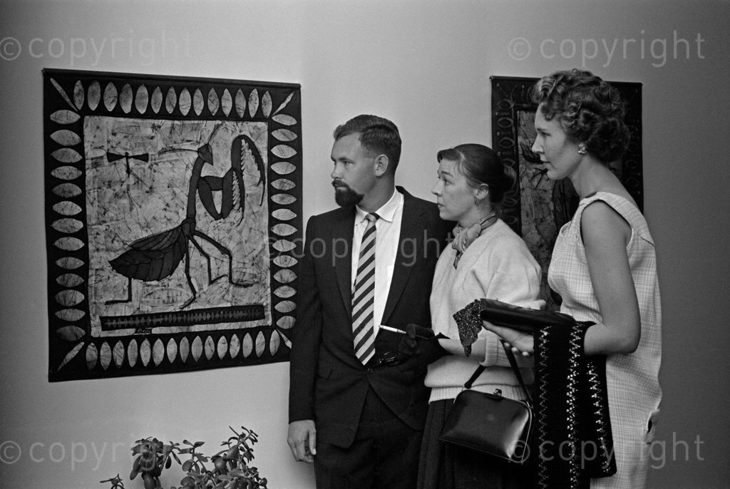 Pretoria artist, Louis Steyn, and one of his batiks on exhibition, April 1961