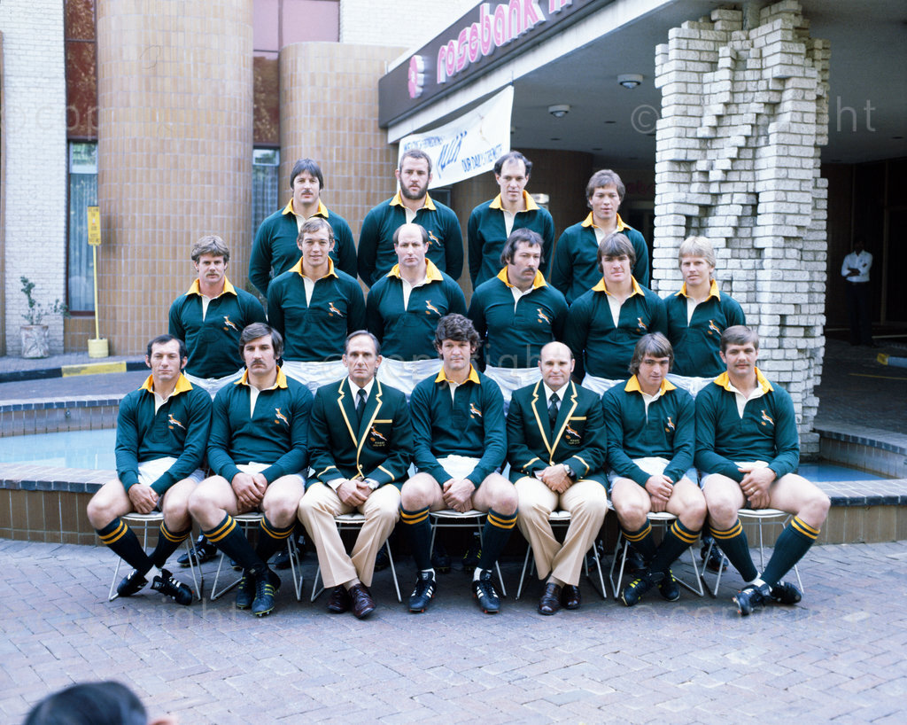 The Springbok Rugby Team: back row: Dave Frederickson, Louis Moolman, Pierre Edwards, Tommy du Plessis. Centre: Willie du Plessis, Rob Louw, Richard Prentis, Johan Strauss, Ray Mordt, Naas Botha. Front row: Gerrie Germishuys, Kevin de Klerk, Butch Lochner (manager), Morne du Plessis (captain), Nelie Smith (coach), Peter Whipp, Thens Stofberg